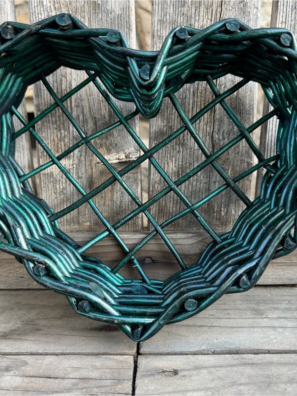 Woven Heart Basket in Metallic Teal 7” Vintage Style
